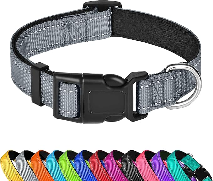Reflective Dog Collar, Adjustable Soft Neoprene Padded Nylon Pet Collars with Buckle for Large Dogs, Gray,L