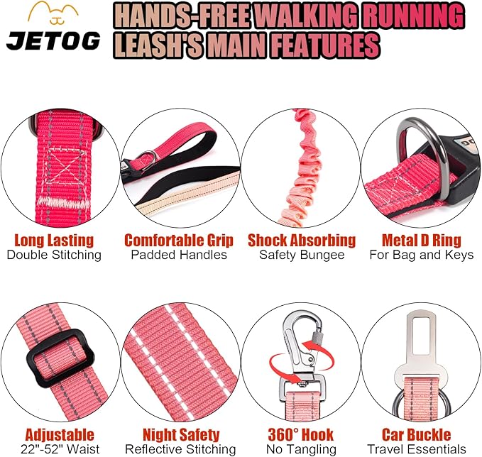 Heavy Duty Hands Free Dog Leash, 5-7 FT Reflective Adjustable Waist Dog Leash Belt with Padded Handles, Shock Absorbing Bungee and Car Seat Belt for Large Medium Dogs (Gradient Rose, XL)