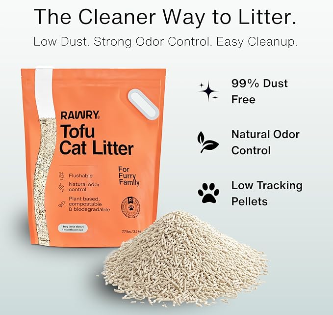 RAWRY Tofu Cat Litter | Clumping, Dust-Free, Unscented, Natural Compostable & Flushable Kitty Litter for Odor Control (1 Month, 7.7 lbs)