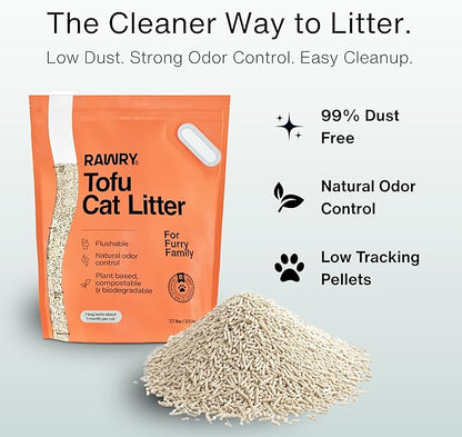 RAWRY Tofu Cat Litter | Clumping, Dust-Free, Unscented, Natural Compostable & Flushable Kitty Litter for Odor Control (1 Month, 7.7 lbs)