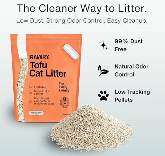 RAWRY Tofu Cat Litter | Clumping, Dust-Free, Unscented, Natural Compostable & Flushable Kitty Litter for Odor Control (1 Month, 7.7 lbs)