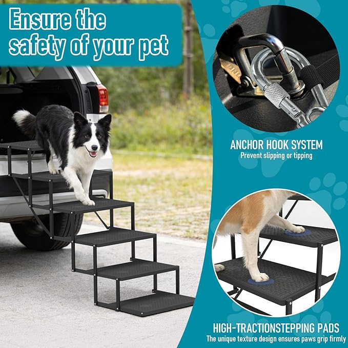 Dog Stairs for car, 6 Steps Foldable Dog Steps for Truck, Upgraded Non-Slip Pet Stairs for lagre Dogs, Metal Pet Stairs for SUV, Truck and Cars
