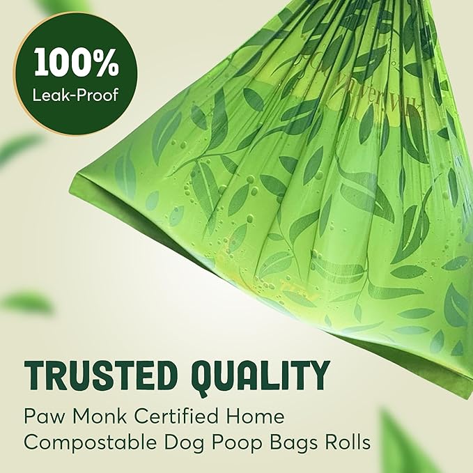 Paw Monk Certified Home Compostable Dog Poop Bags Rolls Refill-120 Bags, Extra Thick 20 Micron, Leakproof & Easy Open doggy poop bags, Unscented