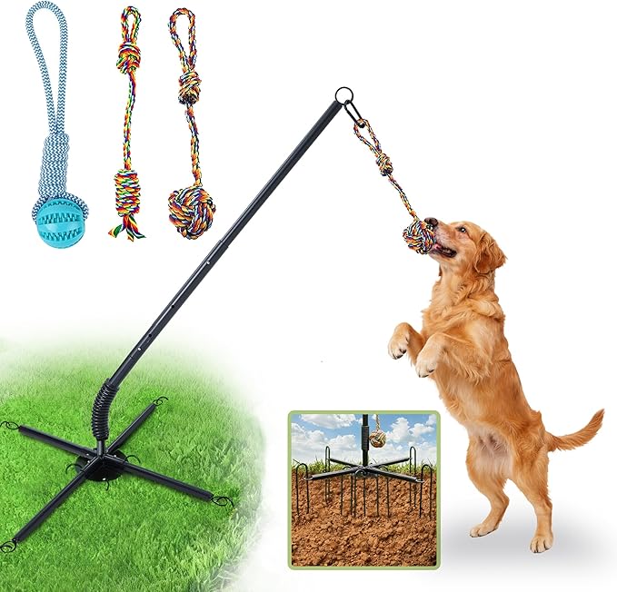 Tether Tug Outdoor Dog Toy, Interactive Exercise Game for Yard & Park with 3 Rope Toys for Tug of War, Pull Chase and Solo Play for Large Medium Small Dogs