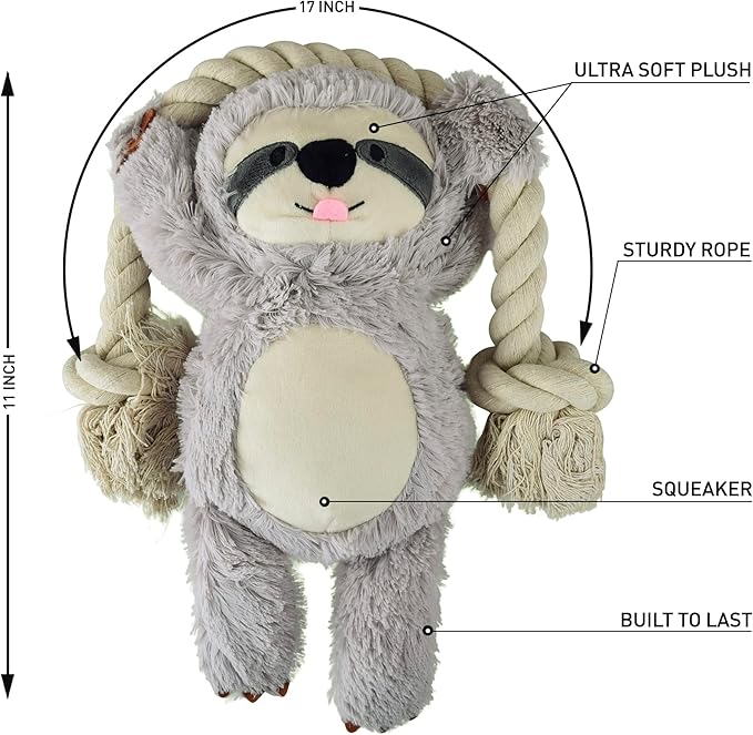 Native Pup Dog Toy Rope and Plush Stuffed Squeaker, Tug of War Toys for Dogs, Puppy Welcome Home Add on for Pets (Sloth)