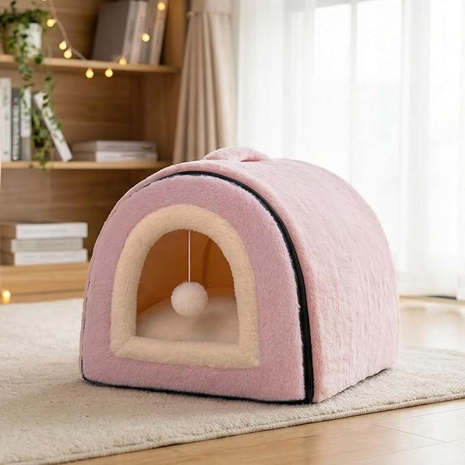 Cat Bed for Indoor Cats，Foldable cat cave，Anti-Slip & Water-Resistant Bottom，cat Houses for Indoor Cats or Small Dogs, Kitten Tent, Rabbit Bed，2 in 1 pet Bed (Pink)