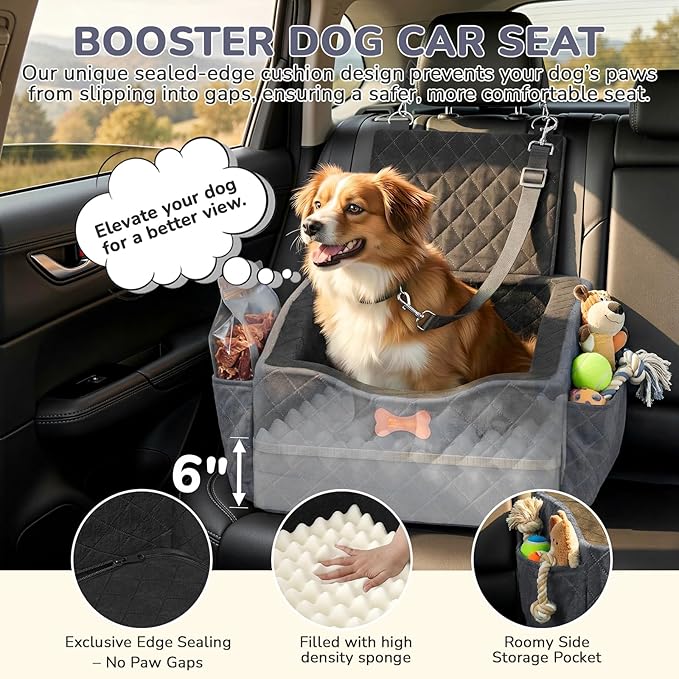 Dog Car Seat for Small Medium Dogs, 6" Elevated Booster Seat with ISOFIX Safety Fixation, Washable Cover & High Density Memory Foam, Portable for Car Front/Rear/Trunk Home Outdoor Use (Charcoal Gray)