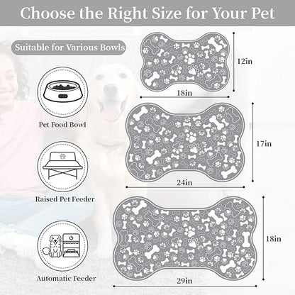Dog & Cat Food Mat Bone Shaped Pet Feeding Mat Quick Absorb Water Bowl Placemat with Rubber Backing Indoor Floor Stain Resistant Pet Accessory Supplies (Grey, 17x29 Inches)