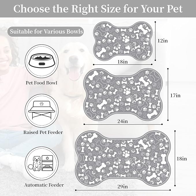 Dog & Cat Food Mat Bone Shaped Pet Feeding Mat Quick Absorb Water Bowl Placemat with Rubber Backing Indoor Floor Stain Resistant Pet Accessory Supplies (Grey Small, 12x18 Inches)