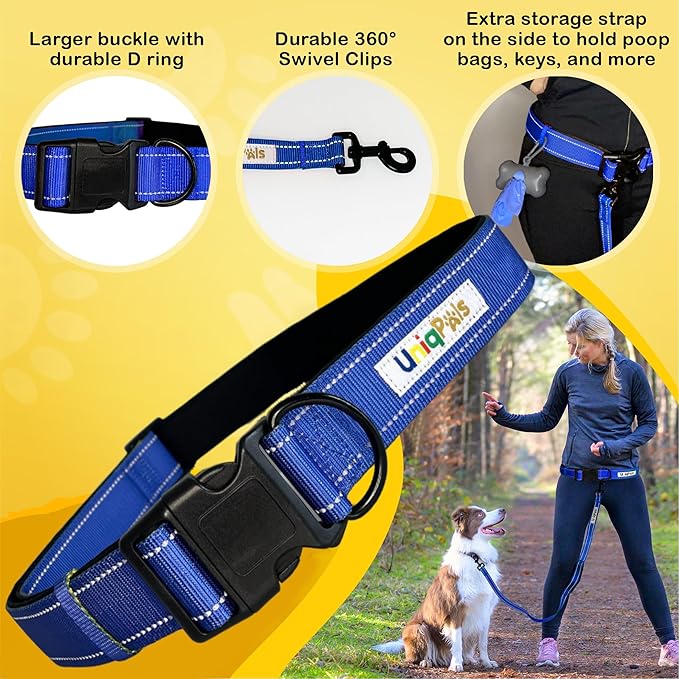 Hands-Free Leash for Small to Large Dogs 5ft - Heavy Duty Adjustable Waist Belt, Padded Handles, Reflective Stitching, Satin Carry Bag for Walking, Running, Hiking