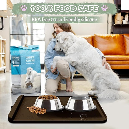 Dog Food Mat, Silicone Pet Feeding Mat With Residue Collection Pocket - Waterproof Bowl Mat for Cats and Dogs, Raised Edges, Hooks, Placemats for Food and Water
