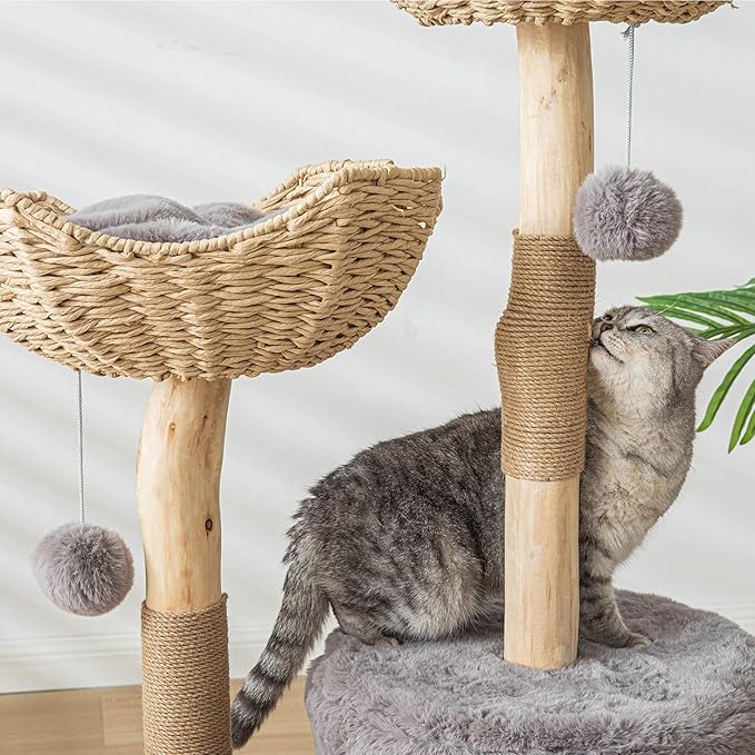 Modern Cat Tree for Indoor Cats Large Adult, 46.5" Tall Wooden Cat Tower for Large Cats with Scratching Post, Luxury Cat Condo, Grey