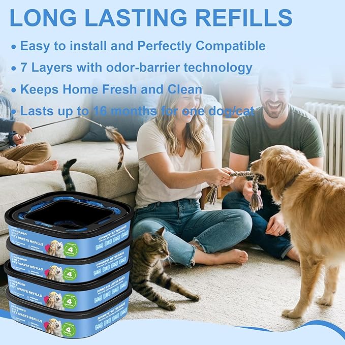2 IN 1 Genie Refill Bags for Dog Cat 4 Pack - Total 112FT Lasts Up to 16 Months - Superior Odor Control for Dog Poop Cat Litter Bags - Pet Waste Refill Bags Fits Pet Genie and Litter Genie Pails