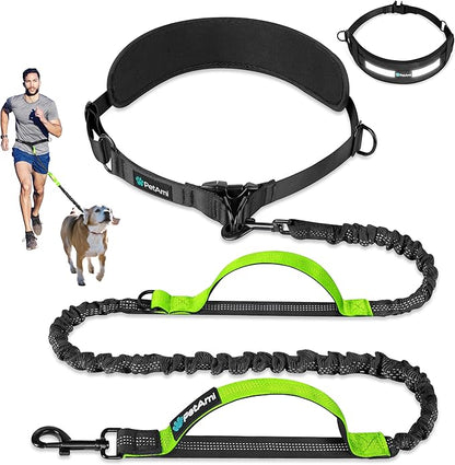PetAmi Heavy Duty Hands Free Dog Leash, Adjustable Waist Belt for Large Dog Walking Up to 125 lbs, Bungee Leash for Pet Running, Hiking, Reflective Safety for Jogging, Biking, Green Handle
