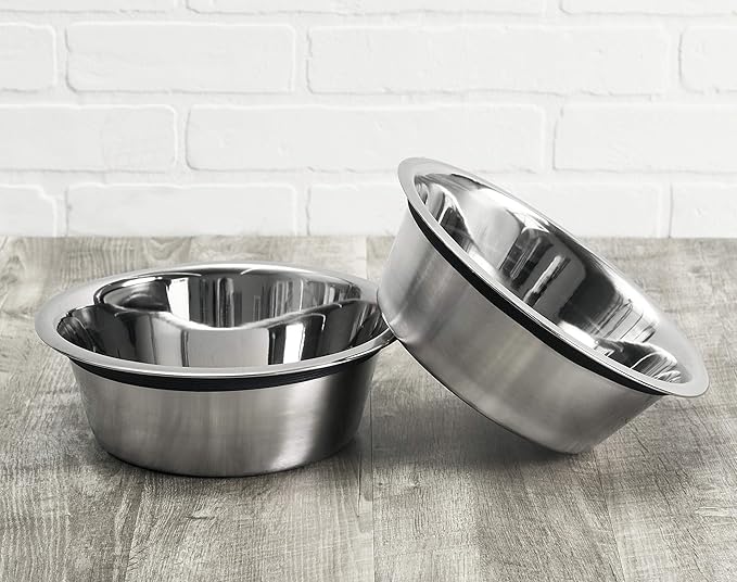 NMN Designs Heavy Duty Stainless Steel Pet Bowls - Set of 2 - Premium Food-Safe 201 Stainless Steel - Rubber Ring Edge Eliminates Noise - Pet Food and Water Bowl (Small - 1 QT Bowls)