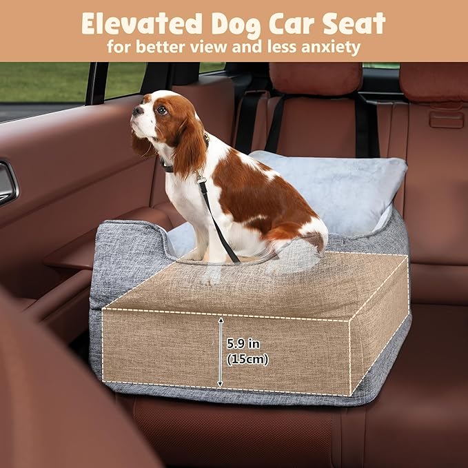 Avont Dog Car Booster Seat for Small/Medium Dogs Under 30 lbs, Elevated Puppy Carseat, Front Seat Pet Car Bed -Grey