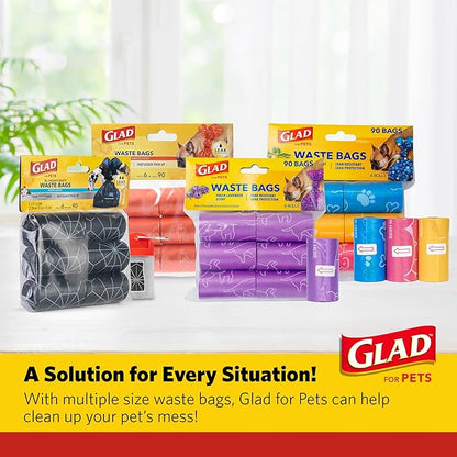 Glad for Pets Scented Waste Bags, Tear Resistant Pet Poop Pick-up Bags with Leak Protection, Lemon Scent, Multicolor Designs, 6 rolls, 90 bags total
