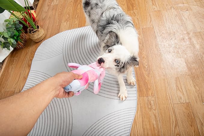 3-in-1 Squeaky Dog Toy for Chewer (Squeaker, Crinkle Paper & Elastic Band), Durable Interactive Puppy Plush Stuffed Chew Toy for Boredom, Tug of-War, for Small Medium Large Breed (Unicorn)