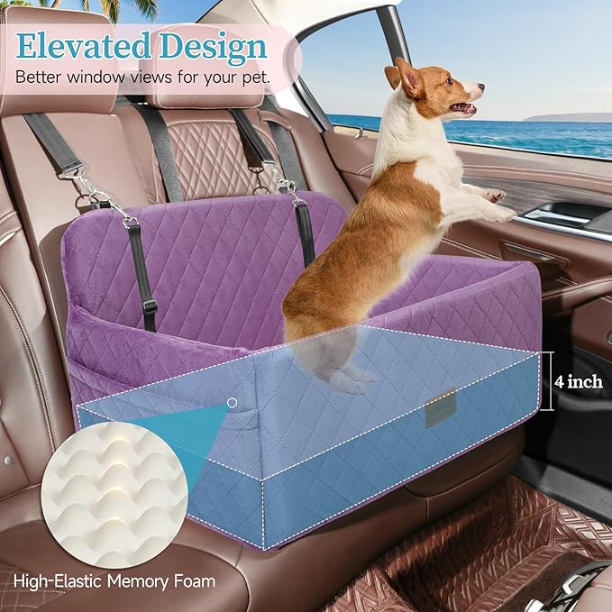 HEGGCOOE Dog Car Seat for Medium/Large Dogs, Pet Booster Seat for Under 55 lbs or 2 Small Dogs, Detachable & Washable Dog Car Bed for Backseat with 2 Safety Leashes (Purple)
