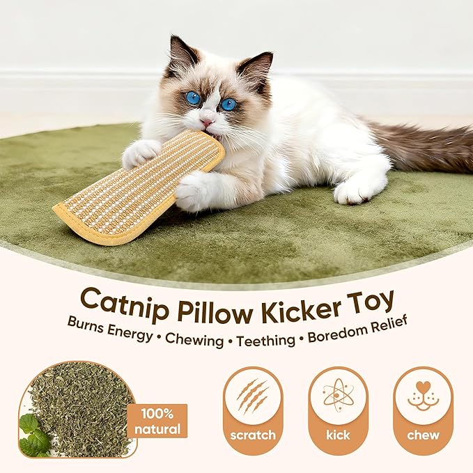 Sisal Catnip Pillow Toy Kickers, 2 Pack Interactive Catnip Toys with Organic 8000mg Herbal Blend for Indoor Scratching, Chewing & Teething, Fun for Kittens and Adult Cats
