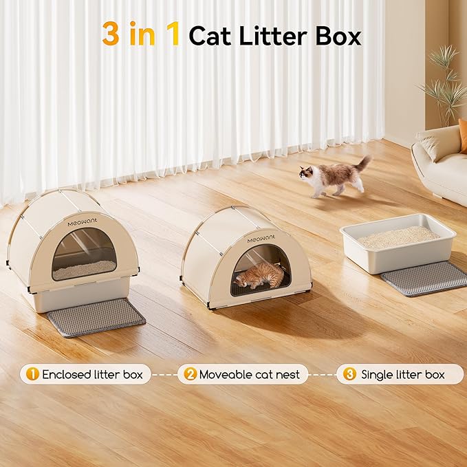 Meowant Stainless Steel Cat Litter Box, Extra Large Metal Litter Box with High Sided Oxford Fabric Cover & Extendable Scoop, Leakproof & Non-Sticky, Odor Control, No-Bend Cleaning