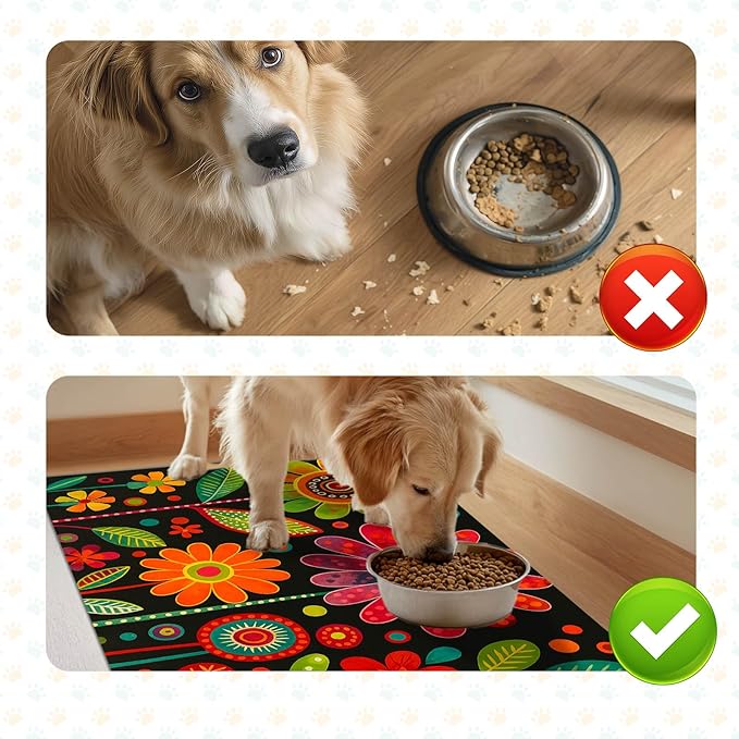 Vibrant Flower Pattern Pet Food Mat Spill-Proof Pet Feeding Mats for Food and Water Bowls Non-Slip Cats Placemat for Pet Areas Easy Clean Fast Dry Dog Water Bowl Mat 24" x 16"