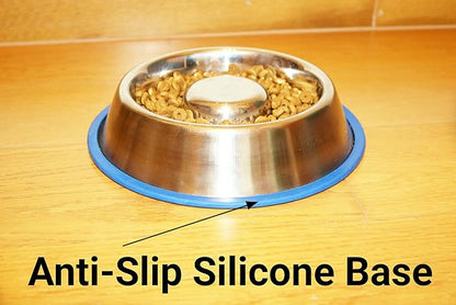 Mr. Peanut's Stainless Steel Interactive Slow Feed Dog Bowl with a Blue Base, Fun Healthy Bloat Stop Feeder (Large)