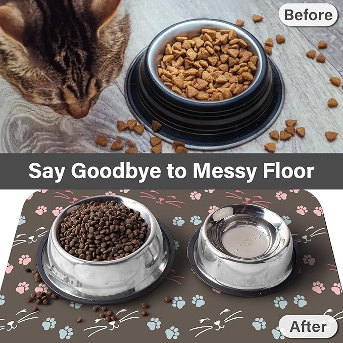 Patterned Cat & Dog Bowl Mat for Food and Water, 17"×30" Quick Dry Absorbent Pet Feeding Mat, Eco-Friendly Dog Placemat