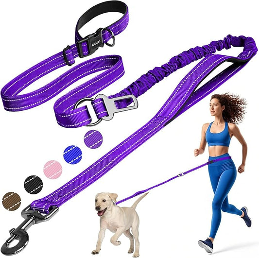 Kazazoo Hands-Free Dog Leash with 6-9FT Adjustable Length - Heavy Duty No Pull Bungee Design, Reflective Safety for Walking, Jogging & Training | Suitable for Medium to Large Dogs Purple L