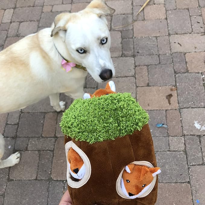 Fox in Tree Hide and Seek Dog Toy for Small and Medium Size Dogs, Plush Fox Inside Trunk Dog Toy with Squeaker, Interactive Burrow Dog Toy (Tree with Fox, Large)