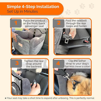 Yara’s Woofyverse Dog Seat for Car – Booster Seat for Small & Medium Dogs with Adjustable Cushions, Fur-Lined Headrest & 6-Pocket Storage – Portable Pet Car Seat for Front/Back Travel – Stone Shadow