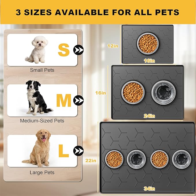 Pieviev 16''x12'' Dog Cat Food Bowl Mat, Silicone Waterproof Food Grade Pet Food Mat for Floor, High Raised Edge to Prevent Spills, Non-Slip & Easy Clean Pet Placemat for Dog & Cat Bowls, Black