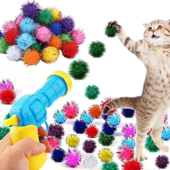 Dorhui Cat Toy Gun Launcher, 30 Pcs Sparkle Pom Pom Balls and Cat Ball Launcher, Cat Fetch Toy Gun Shooter for Indoor, Interactive Glitter Pom Pom Balls for Kitty Gifts