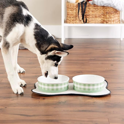 Bone Dry Ceramic Food Bowls, Non-Slip & Dishwasher Safe, Large Set, 7.5x2.4 Desert Sage Check