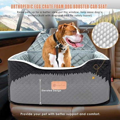 AlfaTok Memory Foam Booster Dog Car Seat for Medium Dogs (Under 45LBS): Elevated, Detachable Washable, Anti-Slip, for Car Back Seat, Travel Pet Bed with Seat Belt