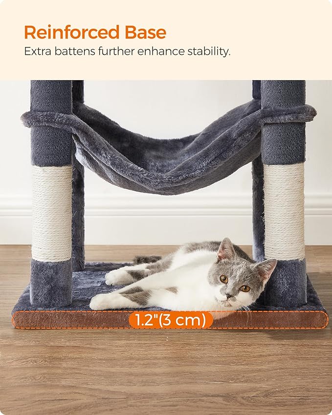 Feandrea Cat Tree, 55.1-Inch Cat Tower, Plush Multi-Level Condo with 4 Scratching Posts, 2 Perches, Hammock, Cave, Smoky Gray UPCT161G01