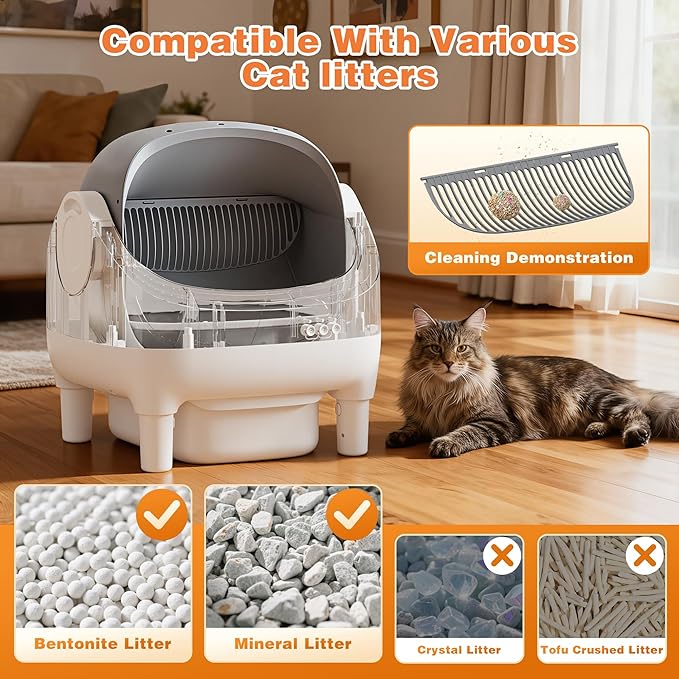 Greesum Self Cleaning Cat Litter Box – Automatic Open-Top Smart Litter Box with App Control, 15L Odor-Sealed Waste Bin, Ultra Quiet 35dB, Multi-Cat & Large Cat Compatible, with Trash Bags & Mat