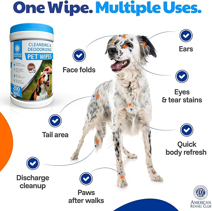AKC - Pet Wipes for Dogs & Cats | Hypoallergenic Grooming Wipes | Chemical-Free Cleaning for Paws, Face, Ears & Coat | Gentle Moist Wipes for Daily Pet Hygiene & Quick Freshening | 200 Count