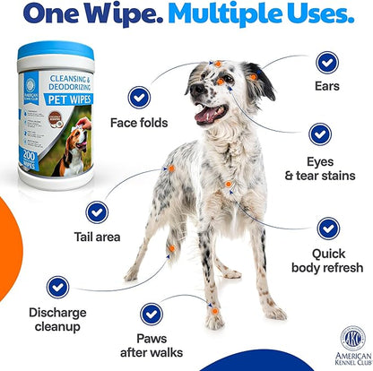 AKC - Pet Wipes for Dogs & Cats | Hypoallergenic Grooming Wipes | Chemical-Free Cleaning for Paws, Face, Ears & Coat | Gentle Moist Wipes for Daily Pet Hygiene & Quick Freshening | 200 Count