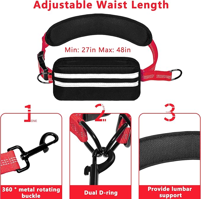 Hands Free Dog Leash with Zipper Pouch, Running Waist Leash for Dog Walking, Adjustable Waist Belt for Large Dogs, Reflective Bungee Design with Two Handle for Hiking, Training, Red