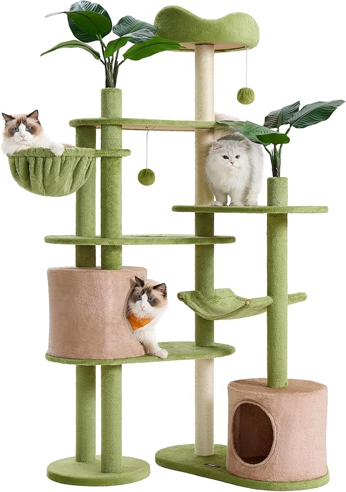 Feandrea Cat Tree, 68.1-Inch Tall Cat Tower, Multi-Level Plush Condo with Artificial Leaves, 3 Scratching Posts, 2 Pompoms with Bells, Grass Green and Camel Brown UPCT330C01