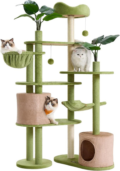 Feandrea Cat Tree, 68.1-Inch Tall Cat Tower, Multi-Level Plush Condo with Artificial Leaves, 3 Scratching Posts, 2 Pompoms with Bells, Grass Green and Camel Brown UPCT330C01