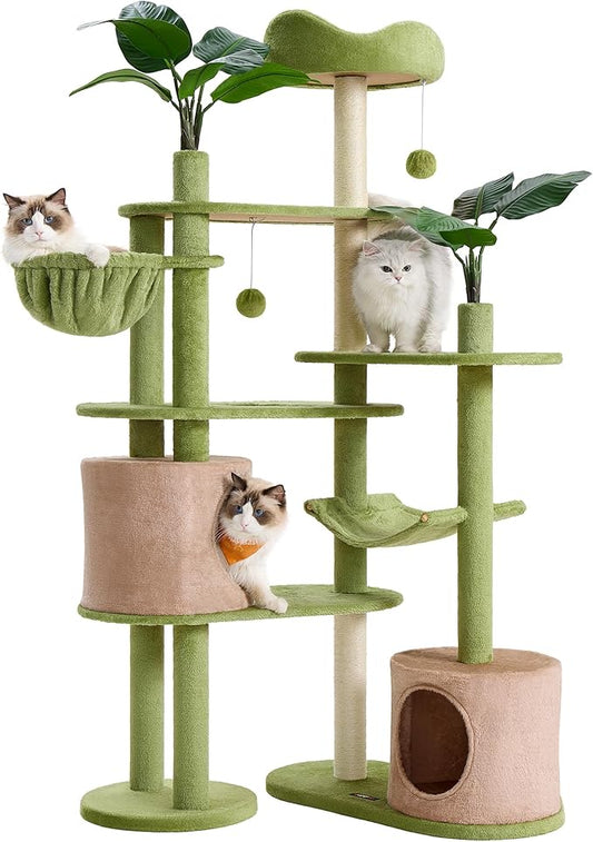 Feandrea Cat Tree, 68.1-Inch Tall Cat Tower, Multi-Level Plush Condo with Artificial Leaves, 3 Scratching Posts, 2 Pompoms with Bells, Grass Green and Camel Brown UPCT330C01