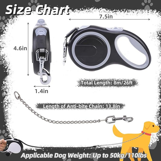 PupTeck Retractable Dog Leash with Chew Proof Chain, 360 Tangle-Free Pet Walking Leash, Heavy Duty up to 110lbs, 16ft Strong Nylon, One-Hand Brake Black