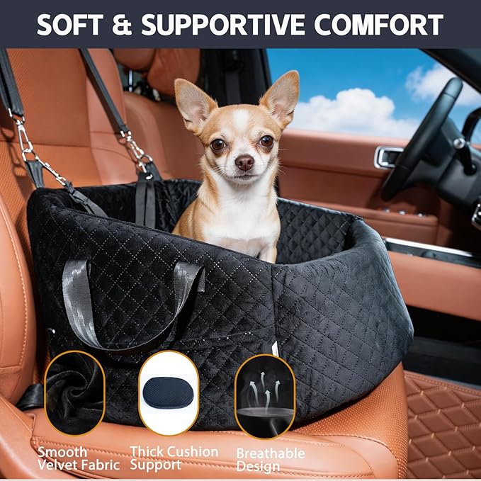 Elevated Dog Booster Seat for Small Dogs, Pet Travel Bed with Safety Leash, Anti-Slip Base, Soft Velvet, Removable Washable Cover, Secure for Pets Up to 30 lbs