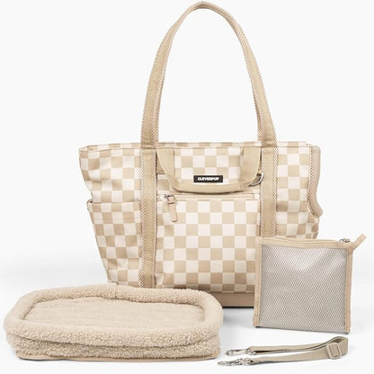 Cleverpup Transit Tote Dog Carrier 4-Piece Set - Premium Lightweight Pet Travel Bag with Plush Teddy Insert, Food Pouch, Air Mesh Opening, Water-Resistant Base & Safety Tether - Medium Checkerboard