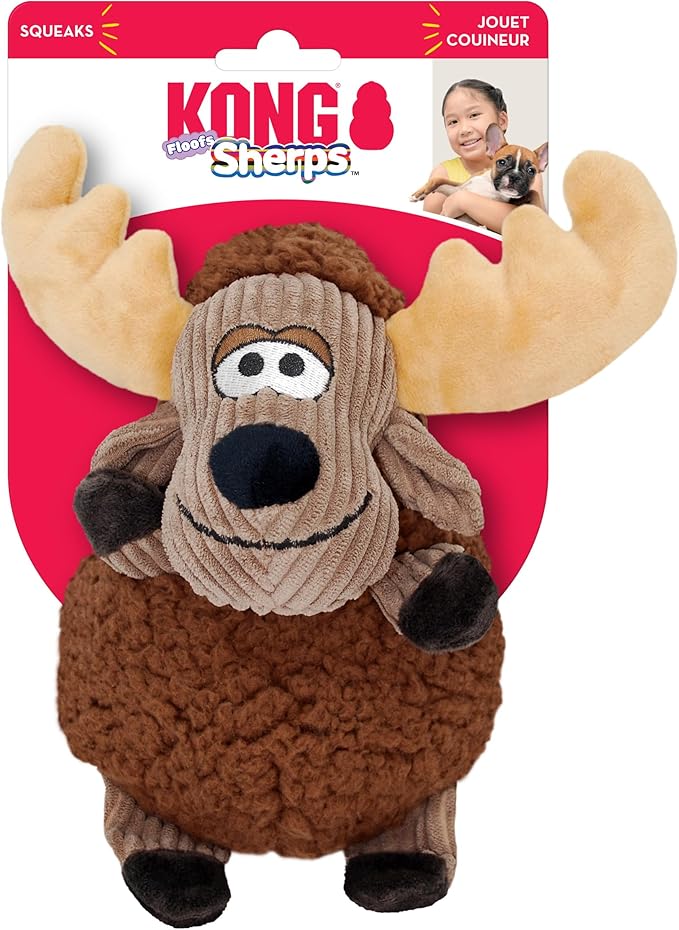 KONG Sherps Floofs – Plush Dog Toy with Flat Squeaker & Crackly Noise – Soft, Snuggly Cuddly Toy for Indoor Fetch & Gentle Play, Durable Lined Design (Moose (2 Pack))
