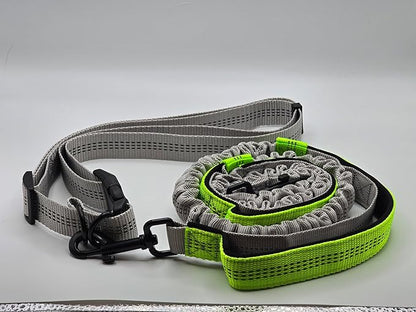 Hands Free Dog Leash with Adjustable Waist Belt, Dual Padded Handles, Elastic Bungee Ropes for Small to Large Dogs, Reflective Stitches for Walking, Hiking, Running and Biking. (Gray/Green, Large)