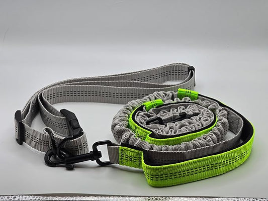 Hands Free Dog Leash with Adjustable Waist Belt, Dual Padded Handles, Elastic Bungee Ropes for Small to Large Dogs, Reflective Stitches for Walking, Hiking, Running and Biking. (Gray/Green, Large)