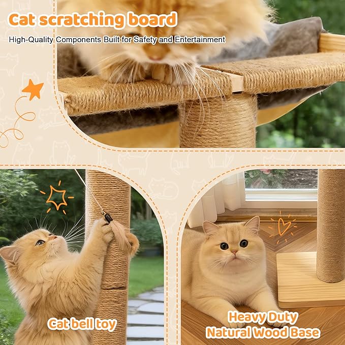 Cat Window Perch with Scratching Post, 46" Adjustable Tall Scratching Posts & Suction Cup – Gray Rabbit Fur Pad, Multi-Level Perch for Climbing, Bird Watching, Play, Supports 45 lbs (Drilling-Free)
